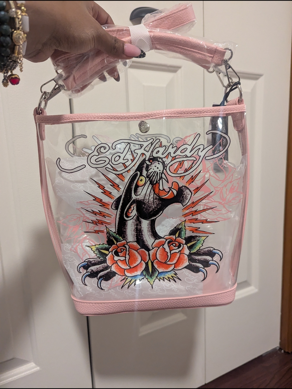 Ed Hardy Clear Bucket Tote with Pink Trim and Panther Rose Graphic